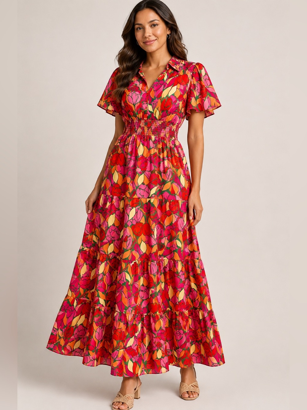 Floral V-Neck Smocked Waist Maxi Dress